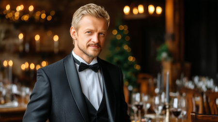 A distinguished man with blond, curly hair and a goatee, wearing a stylish tuxedo with a patterned jacket and black bow tie, poses confidently at a dimly lit, elegantly set dinner table. The background features a Christmas tree and soft, warm candlelight, suggesting a festive holiday gathering.の素材