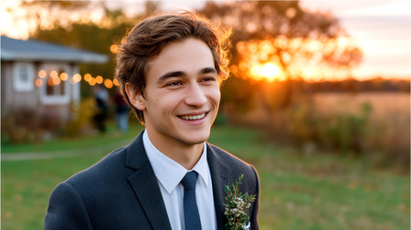 A smiling young man dressed in a suit and tie stands outdoors during golden hour. The setting appears to be a casual outdoor event, possibly a wedding or celebration, with bokeh lights and trees in the background.の素材
