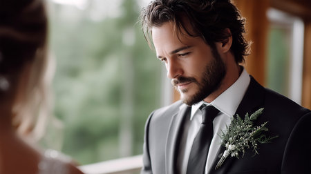 A close-up shot of a groom in a suit, looking down with a thoughtful and emotional expression at his bride, who is partially visible. The scene captures a tender moment before their wedding vows, set against a natural, possibly outdoor, backdrop.の素材
