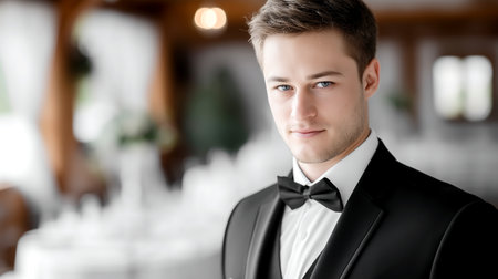 A handsome groom looks directly at the camera, his sharp tuxedo and black bowtie exuding an air of refined elegance. The soft, blurred background suggests a wedding or formal event, highlighting his distinguished presence.の素材