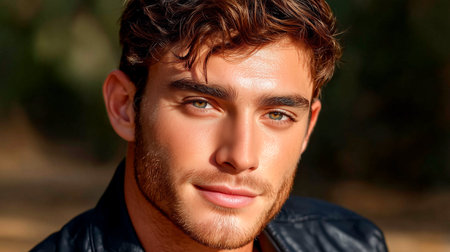 A striking close-up portrait of a man with tousled, wet hair, showing intense, sparkling blue eyes and a subtle smile. His skin appears dewy, suggesting an outdoor or refreshing environment. He wears a dark jacket.の素材