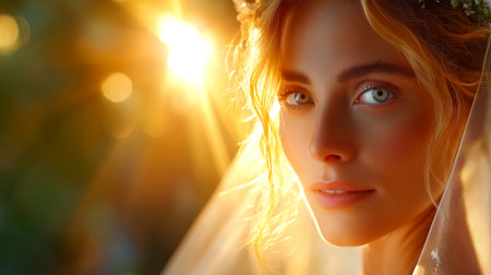 A close-up portrait of a beautiful bride, her face softly lit by the warm glow of golden hour sunlight. She is adorned with delicate glitter across her skin and veil, exuding an ethereal and magical aura. Her blue eyes sparkle with emotion and anticipation.の素材