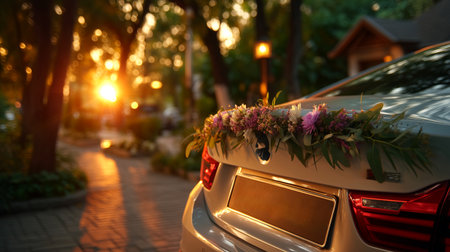 A white wedding car adorned with a beautiful floral garland and greenery, parked amidst a scenic outdoor setting with soft, warm sunset light filtering through the trees. Captures the romantic ambiance of a special day.の素材