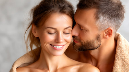 A close-up shot of a couple, their eyes closed in peaceful contentment as they embrace. Soft light illuminates their faces, highlighting a tender connection and shared intimacy. The image evokes feelings of love, comfort, and romantic bliss.の素材