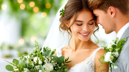 A close-up shot of a happy bride and groom, adorned with a beautiful bouquet and floral accents, sharing a tender moment on their wedding day. The soft bokeh background enhances the romantic atmosphere.の素材