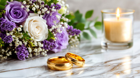 Close-up of two gold wedding rings placed on a marble surface, next to a romantic bouquet of purple and white roses, with a lit candle in a glass holder in the background. Perfect for wedding invitations, cards, and decor.の素材