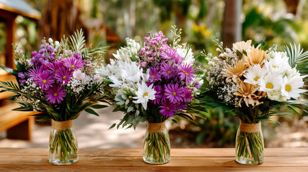 A charming arrangement of three distinct flower bouquets, featuring a mix of purple, white, and tan blooms with delicate greenery, presented in glass vases tied with twine on a rustic wooden table.の素材