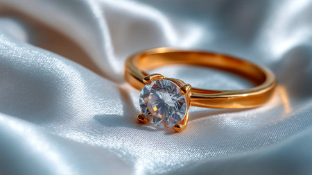 A close-up shot of a stunning gold engagement ring featuring a brilliant diamond, resting on luxurious, shimmering white satin fabric. The lighting highlights the sparkle and craftsmanship.の素材