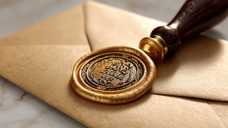 Close-up view of an ornate wax seal stamp, made of dark wood and gold, placed on a textured golden envelope. This image evokes a sense of history, importance, and personal touch in communication.の素材