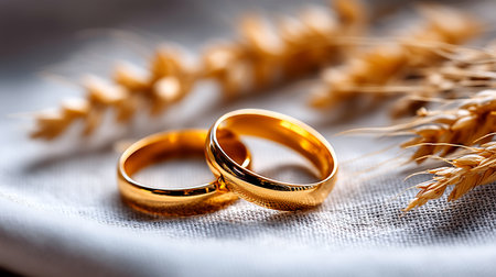 Close-up of two elegant golden wedding rings resting on a soft, textured fabric, with a blurred background of golden wheat stalks. This image beautifully symbolizes love, commitment, and the promise of a fruitful life together.の素材