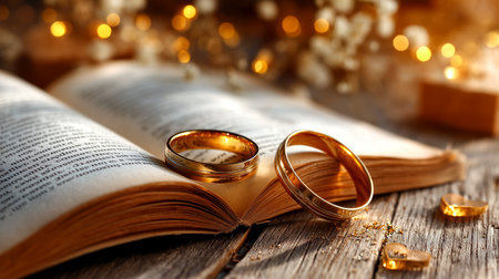 A close-up shot of two elegant golden wedding rings placed on the pages of an open book. The background features soft, blurred bokeh lights, creating a romantic and magical atmosphere. Perfect for wedding invitations, romantic themes, or love stories.の素材