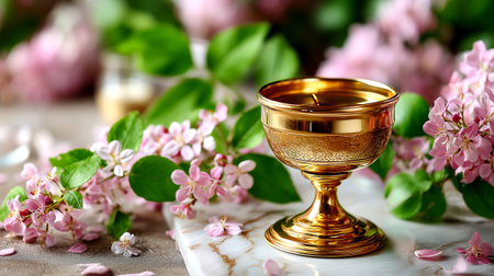A radiant golden chalice sits amidst a soft bed of pink cherry blossoms and lush green leaves. This evocative image symbolizes spiritual reflection, communion, and the beauty of nature's rebirth, perfect for religious or spring-themed content.の素材