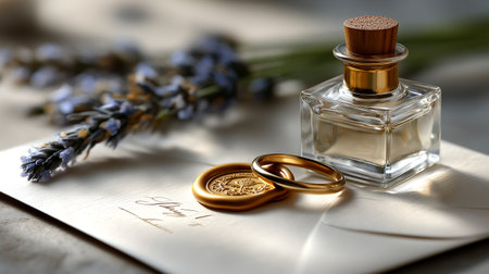 A romantic still life featuring a luxurious perfume bottle, elegant wedding rings, a golden wax seal, and delicate lavender sprigs on an envelope, evoking a sense of timeless beauty and cherished moments.の素材