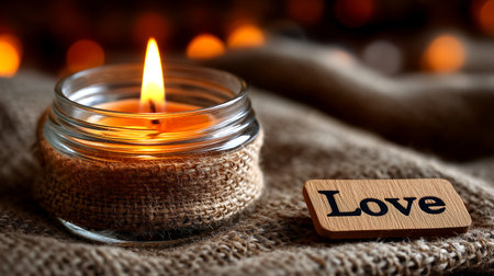 A warm, glowing candle in a glass jar sits next to a wooden charm with the word 'Love' inscribed on it, set against a cozy, textured background. Perfect for romantic themes, anniversaries, or expressing affection.の素材