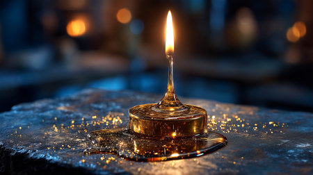 A single, ornate golden candle burns with a bright, ethereal flame, casting a warm glow. It sits on a textured, dark surface adorned with shimmering golden dust, creating an atmosphere of magic and mystery.の素材