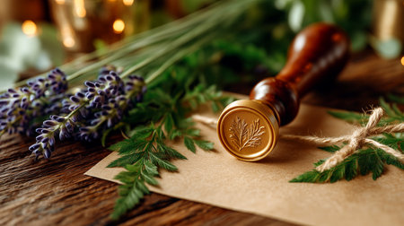 A close-up shot of a vintage wax seal stamp resting on a brown envelope. Delicate sprigs of lavender and fern adorn the scene, set against a rustic wooden surface with warm, bokeh lighting in the background.の素材