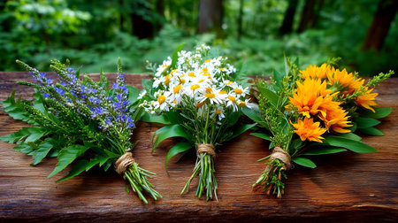 Three rustic bouquets of wildflowers, tied with twine, rest on a wooden surface. Their vibrant colors evoke the essence of a meadow.の素材