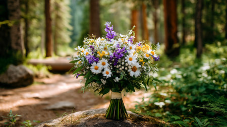 A vibrant bouquet of wildflowers, featuring white daisies and purple lupine, rests on a mossy log in a sun-dappled forest clearing, surrounded by lush greenery and tall trees.の素材