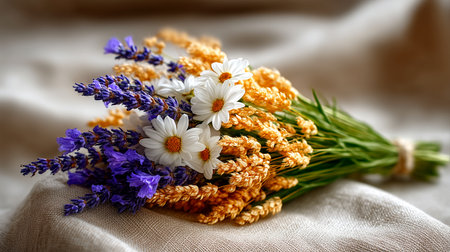 A charming bouquet featuring vibrant purple lavender, cheerful white daisies with yellow centers, and soft golden florets, artfully arranged and tied with twine. The bouquet rests on a textured, neutral-toned fabric, creating a warm and inviting scene.の素材