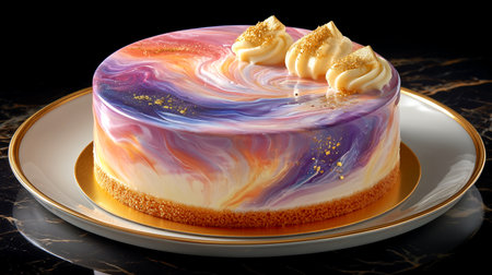Indulge in a cosmic delight with this stunning mirror glaze cake. Swirls of vibrant purple, pink, and gold create a galaxy effect, topped with delicate cream rosettes and edible glitter for a truly celestial experience.の素材