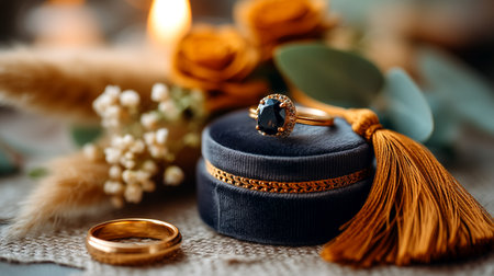 A luxurious sapphire engagement ring rests on a dark velvet cushion, adorned with a golden tassel. A simple gold band sits nearby, alongside dried flowers and eucalyptus, evoking a sense of timeless romance and autumnal elegance.の素材