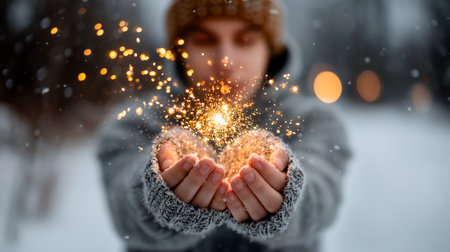 A person in a knitted hat and gloves holds a handful of sparkling, golden glitter in their cupped hands, with a soft, snowy background and blurred bokeh lights suggesting a magical winter moment.の素材