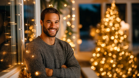 A happy man with a beard and short hair, wearing a patterned festive sweater, smiles at the camera with his arms crossed. He is illuminated by the soft glow of fairy lights and a decorated Christmas tree in the background, creating a cozy and joyful holiday atmosphere.の素材