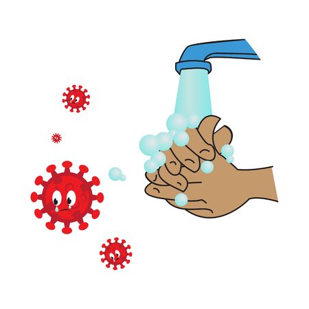 This illustration depicts someone who can repel and defeat the COVID-19 virus by maintaining cleanliness at all times, for example, washing hands with soap after every activity.のイラスト素材