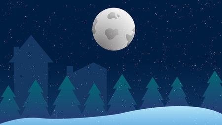 SNOW LANDSCAPE ON A FULL MOON NIGHT is a vector illustration showing a view
White expanse of snow at night on a full moon. There are also several houses and pine trees.のイラスト素材
