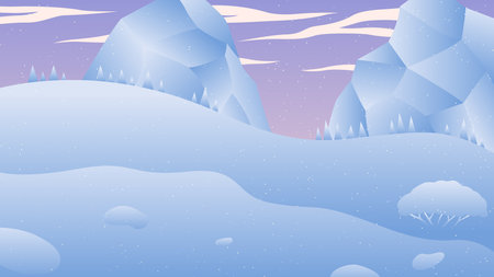 VIEW OF THE SUNSET BEHIND THE ICEBERG is a vector illustration showing a view of an iceberg and the sun is starting to set. There are also several pine trees covered in thick snow.のイラスト素材