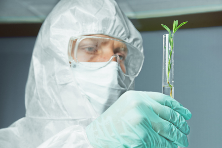 Man scientist in protective wear holds tube with green plant, eco conceptの写真素材
