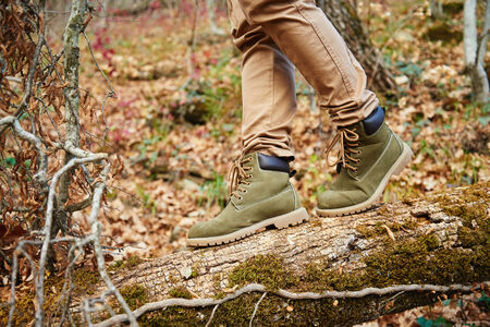 Hiker woman crossing on fallen tree trunk in autumn forest, view of legs. Hiking and leisure themeの写真素材