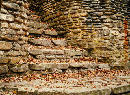 Old stone staircase in autumn dry leaves, no people