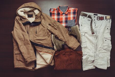 Set of fashionable male apparel in casual style on wooden の写真素材