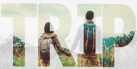 Double exposure word trip combined with image of traveler loving couple in summer outdoor. Concept of travelの写真素材