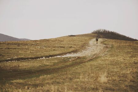 Hiker young woman with backpack go up on hill in autumn outdoor. Small figure of hiker in the mountainsの写真素材