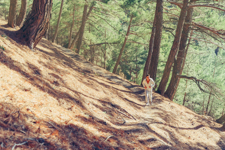 Sporty young man running on rugged terrain in the forest among pine trees at sunny dayの写真素材