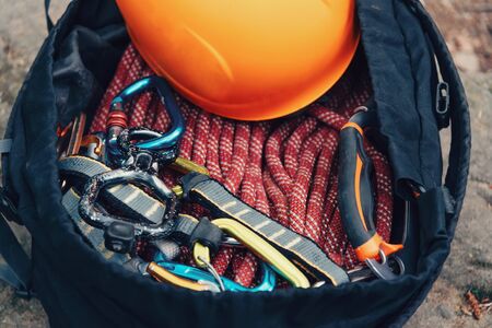 Set of outfit for climbing and mountaineering sport in a bag outdoorの写真素材
