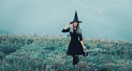 Beautiful fashionable young witch in black dress and hat with small bag walking on autumn meadow. Halloween themeの写真素材