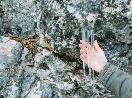 Female hand holding icicles on stone wallの写真素材