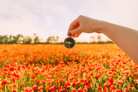Womanâs hand with compass on background of red poppies meadow on sunny summer day, point of view.の写真素材