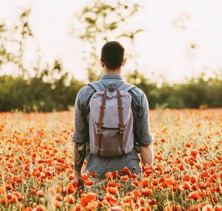 Rear view of unrecognizable  young man with backpack walking in summer poppy flower meadow, enjoying nature.の写真素材
