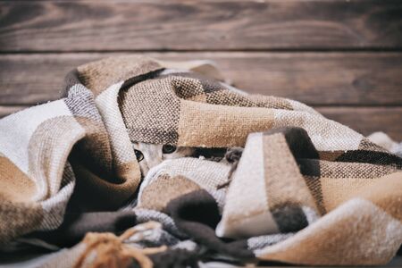 Cute domestic cat hiding and playing under soft plaid, staring at camera.の写真素材