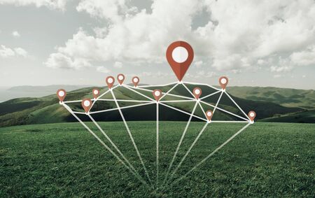 Beautiful mountain ridge landscape with abstract connected location pins and track in summer season....