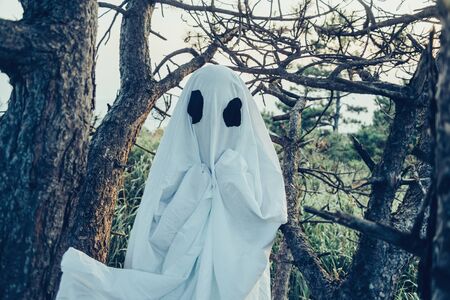 White ghost with black eyes walking among old dry trees in the forest. Theme of Halloween and horrorの写真素材