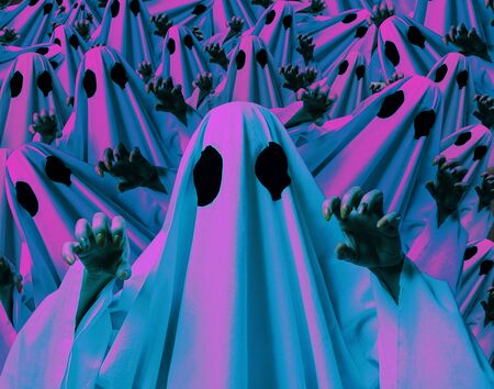 Modern abstract art collage of many holographic color effect ghosts. Halloween concept.