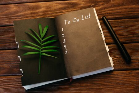 Handwriting To Do List in notebook with copy-space and green leaf palm on wooden table.の写真素材