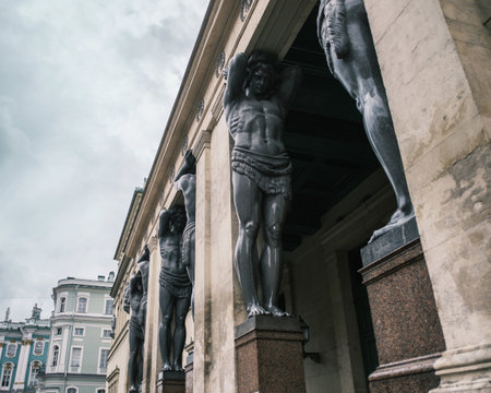 Saint-Petersburg, Russia, 31 August 2020: New Hermitage Portico with Atlantes against the background...