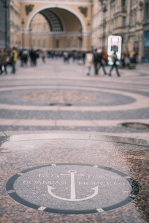 Saint-Petersburg, Russia, 31 August 2020: Granite sign with stainless steel letters "Bolshaya Morskaya" "1703" and an anchor on background is arch of the General Staff Building.のeditorial素材