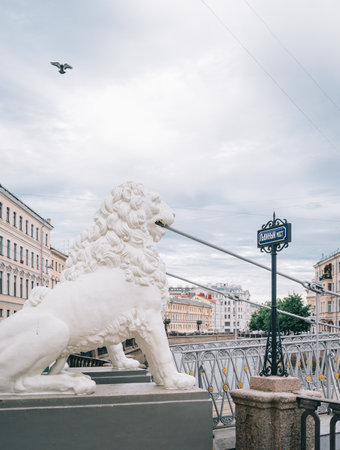 Saint-Petersburg, Russia, 22 August 2020: Sculptures of Lions on the Bridge.のeditorial素材